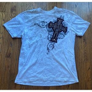 VTG Raw Blue T-Shirt Mens 3XL Y2K MMA Affliction Rhinestone Cross Wings Gothic